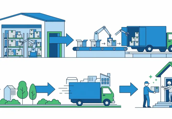 Automatisierte e-commerce Logistik: Roboter im Lager, Pakete auf dem Förderband, LKW-Beladung und Zustellung an die Haustür.