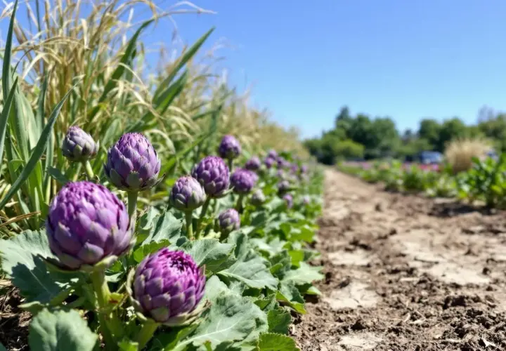 Magnifique plantation d'artichauts pleine terre sous un ciel bleu. Les bourgeons violets promettent une belle récolte.