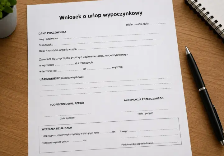 Wniosek o urlop wypoczynkowy. Dokument zawiera pola na dane pracownika, termin urlopu, uzasadnienie, podpisy i akceptację przełożonego. To ważny krok przed planowanym urlopem.
