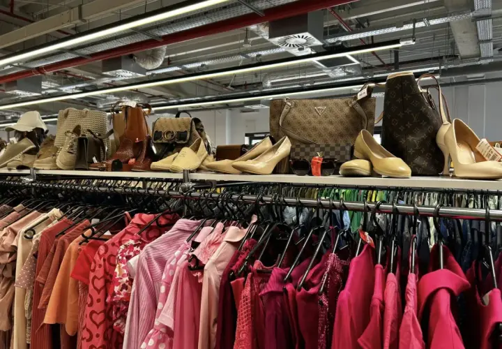 Półka pełna torebek i butów, a pod nią rząd różowych ubrań. Idealne miejsce na przerabianie ubrań i tworzenie nowych stylizacji.