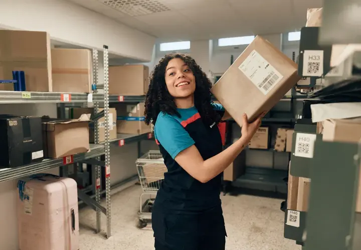 Lächelnde Frau mit Paket in einem Lager, bereit für den Versand. Alle Zollformalitäten sind erledigt.