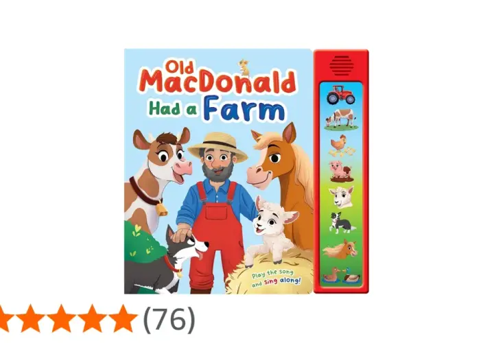 Okładka książeczki "Old MacDonald Had a Farm" z wesołym rolnikiem, krową, koniem, owcą, psem i innymi zwierzętami.