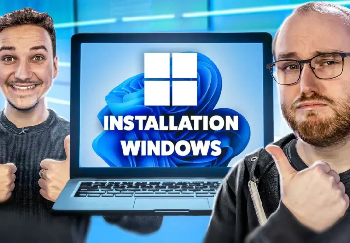 Deux hommes font un pouce levé devant un écran d'ordinateur affichant "INSTALLATION WINDOWS" et le logo Windows 11.