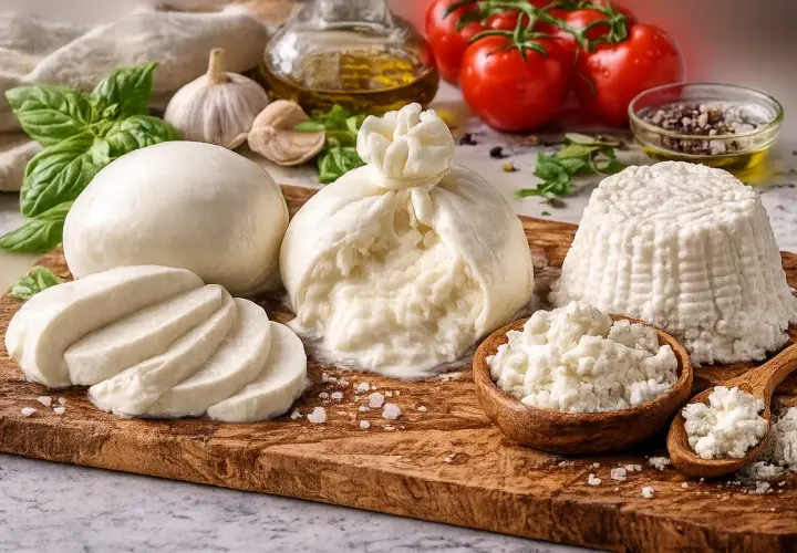 Świeże sery: burrata, mozzarella i ricotta, idealne do przygotowania pysznej ser bruschetta z pomidorami i bazylią.
