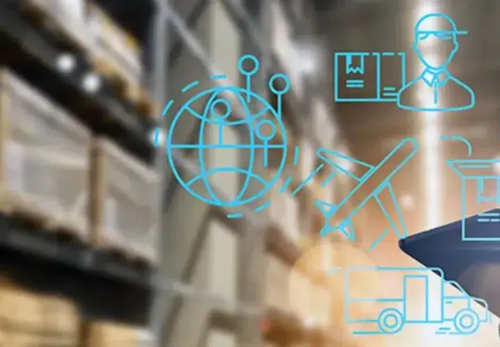 Zautomatyzowany magazyn z ikonami symbolizującymi globalną logistykę, transport i bezpieczeństwo, wspierany przez edi system.