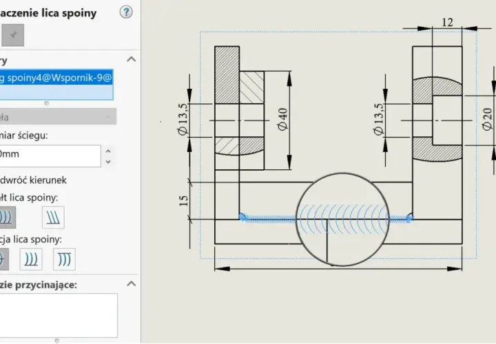 Parametry oznaczenia lica spoiny: ścieg ciągły, rozmiar 3.00mm. Widok przekroju dwóch elementów z wymiarowaniem.