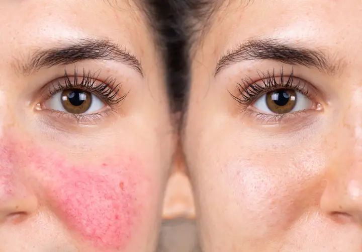 Före- och efterbilder av en ansiktshalva som visar rodnad och synliga blodkärl vid rosacea, jämfört med en klarare hud.