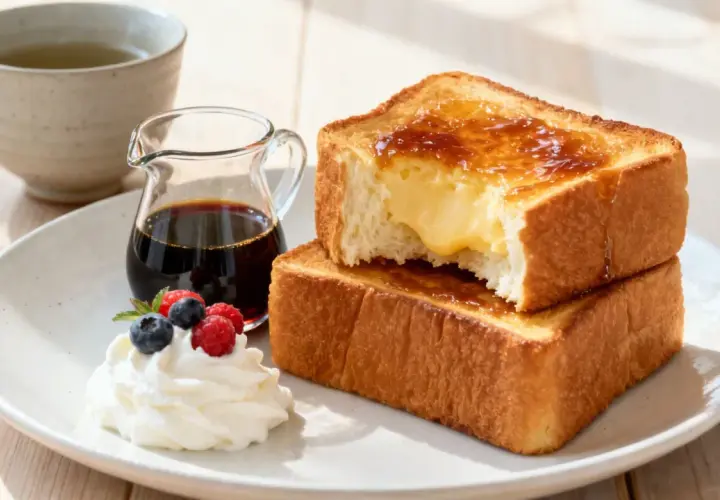 Un délicieux pain perdu crémeux, garni de fruits rouges et de chantilly, servi avec du sirop et une tasse de thé.