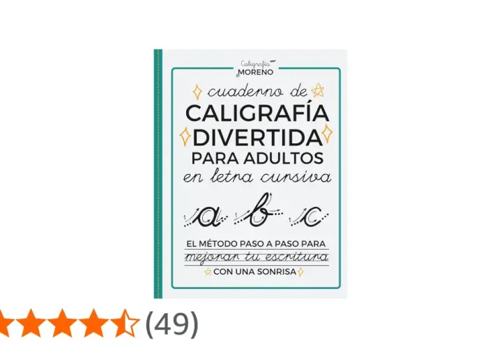 Cuaderno de caligrafía divertida para adultos en letra cursiva, con ejemplos de letras ligadas como "a", "b" y "c".