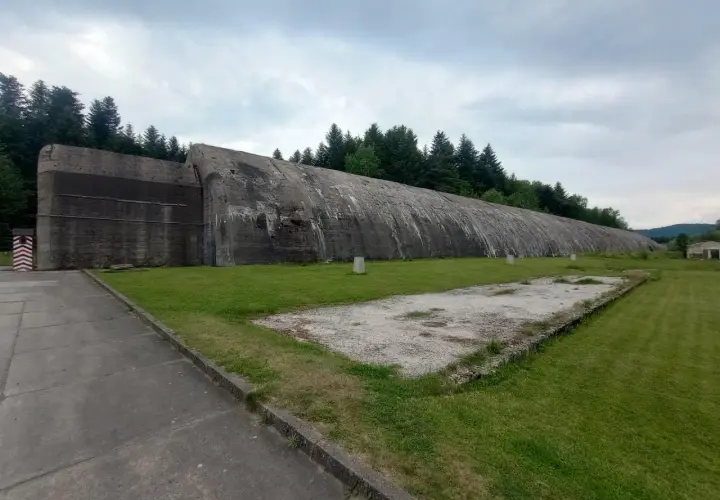 Ogromny betonowy bunkier w Frysztaku, otoczony zielenią i lasem.