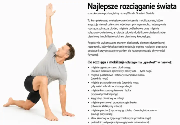 Mężczyzna wykonuje ćwiczenia na powięź, znane jako World's Greatest Stretch. Rozciąga biodra, nogi i tułów.