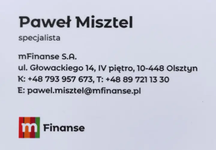 Wizytówka Pawła Misztela, specjalisty mFinanse S.A. w Olsztynie.