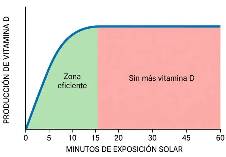 Gráfico muestra cómo tomar vitamina D: la producción es eficiente hasta los 15 minutos de sol, luego se satura.