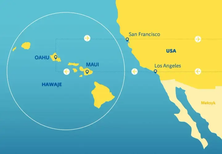 Mapa pokazuje atol na Hawajach, z zaznaczonymi wyspami Oahu i Maui. Linie lotnicze łączą Hawaje z USA, w tym z Los Angeles i San Francisco.