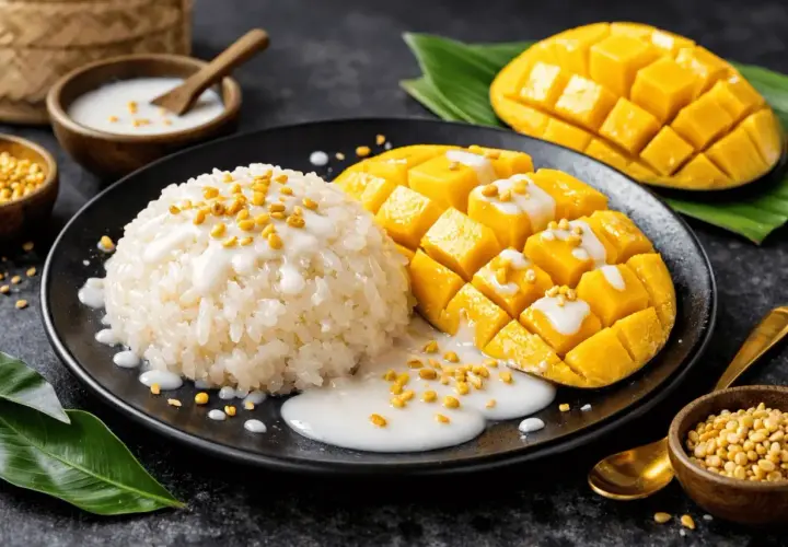 En tallrik med klibbigt ris, färsk mango i kuber och en krämig kokossås. Toppad med krispiga frön, en härlig kombination av friterat rispapper och mango.