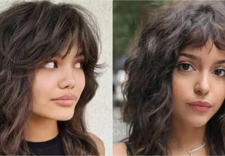Dos mujeres con un corte de pelo shaggy bob oscuro y ondulado, con flequillo desordenado.