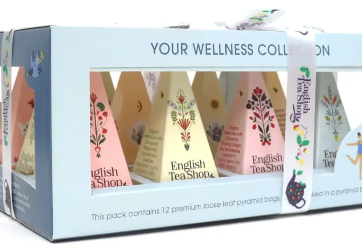 Kolekcja wellness English Tea Shop: 12 piramidek z herbatą w pudełku.