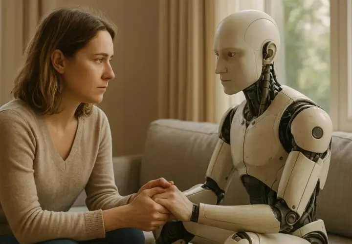 Kobieta i robot siedzą obok siebie, trzymając się za ręce. To obraz tego, jak nas widzi sztuczna inteligencja, pełen empatii i zrozumienia.