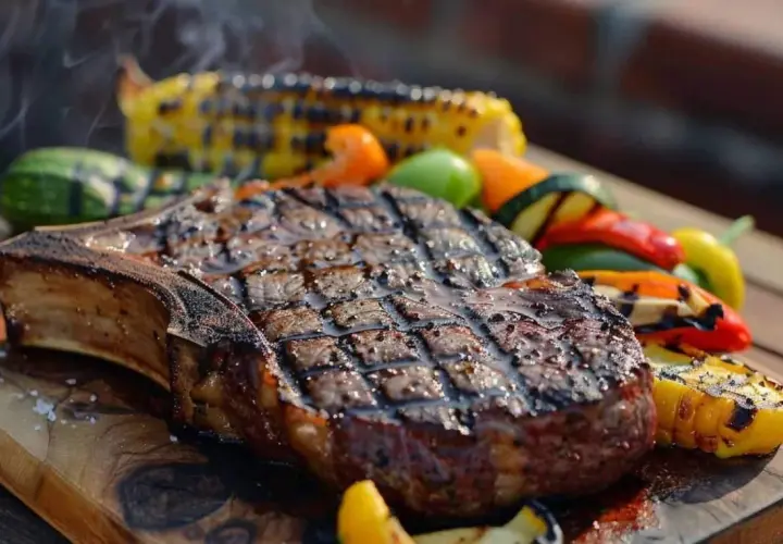 Un succulent côte de bœuf barbecue, grillé à la perfection, servi avec des légumes colorés et du maïs grillé.