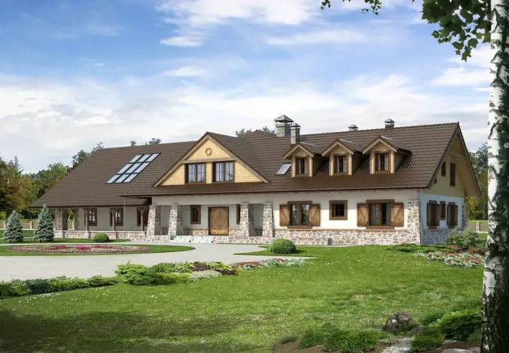 Projekt pensjonatu 10 pokoi. Dom z kamienną podmurówką, brązowym dachem i werandą. Otoczony zielenią, z podjazdem.
