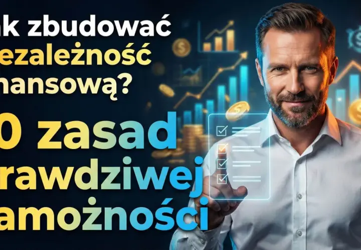 Mężczyzna z listą zadań w tle wykresów i monet. Jak zbudować niezależność finansową? 10 zasad prawdziwej zamożności.