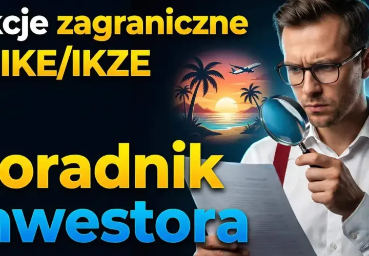 Doradca inwestora analizuje dokumenty, rozważając likwidację IKZE przed terminem. W tle tropikalna plaża i samolot.