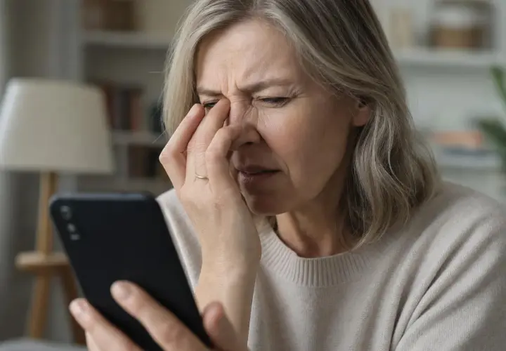 Donna con smartphone che si tocca gli occhi, forse per problemi alla vista, sintomi di affaticamento visivo.