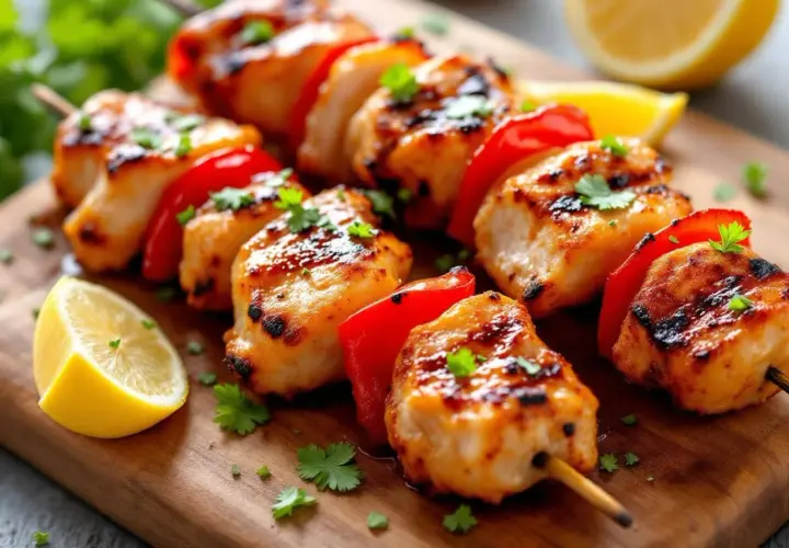 Brochettes de poulet grillées, juteuses et savoureuses, avec des morceaux de poivron rouge, garnies de coriandre fraîche et de quartiers de citron. La marinade brochette poulet a donné un goût exquis.