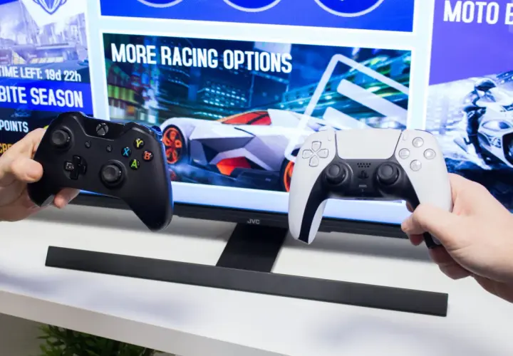 Dwa kontrolery, czarny Xbox i biały PlayStation, gotowe do gry. Dowiedz się, jak sparować pada z telewizorem, by rozpocząć wyścigi.