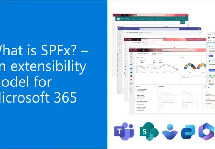 Le **sharepoint framework** (SPFx) est un modèle d'extensibilité pour Microsoft 365, illustré par des tableaux de bord et des applications.