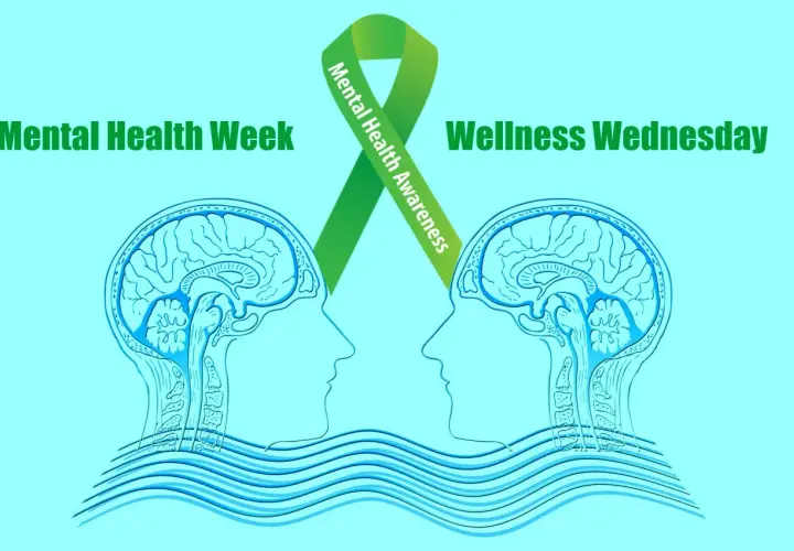 El lazo verde, símbolo del significado de la salud mental, une dos perfiles de cerebros en un fondo azul claro, con texto "Mental Health Week" y "Wellness Wednesday".