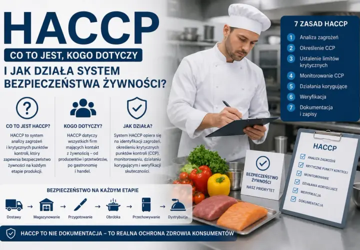 Szef kuchni notuje szczegóły systemu HACCP, kluczowego dla bezpieczeństwa żywności. Grafika wyjaśnia zasady i etapy jego wdrażania.