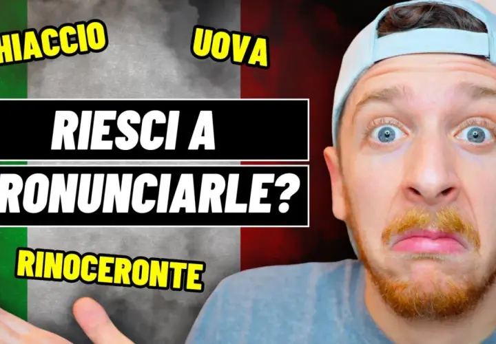 Uomo con espressione confusa davanti alla bandiera italiana, con scritte che sfidano a pronunciare parole lunghe e difficili come "Rinoceronte".