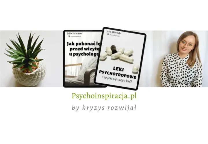Książki o stresie i lęku: "Jak pokonać lęk przed wizytą u psychologa" i "Leki psychotropowe". Obok młoda kobieta i roślina.