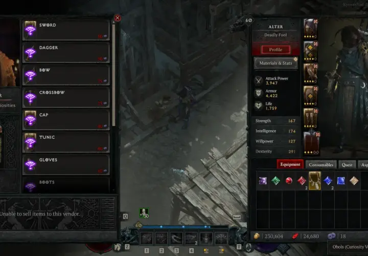 Interfejs Diablo 4: sprzedawca oferuje przedmioty, a gracz przegląda swoje statystyki i ekwipunek, szukając najlepszych aspektów.