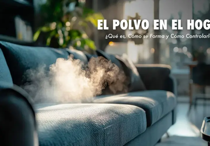 Nube de polvo sobre un sofá azul, preguntándose porque hay tanto polvo en mi casa. El texto indica "El polvo en el hogar".