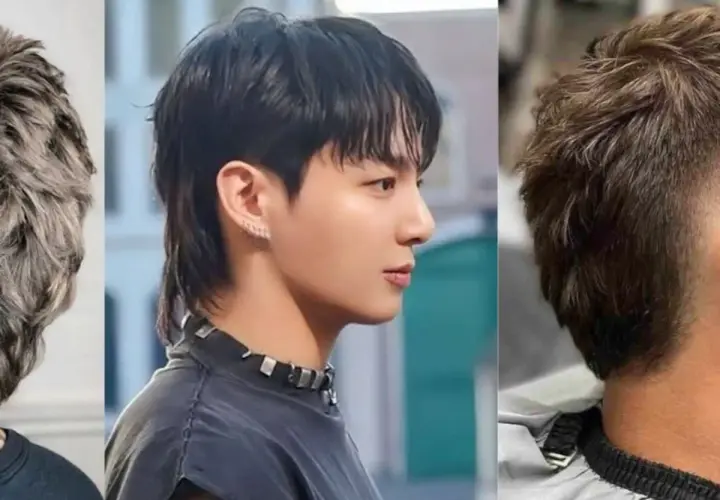 Tres hombres con estilos de cabello modernos. El del medio luce un corte mullet hombre con cabello oscuro y flequillo.