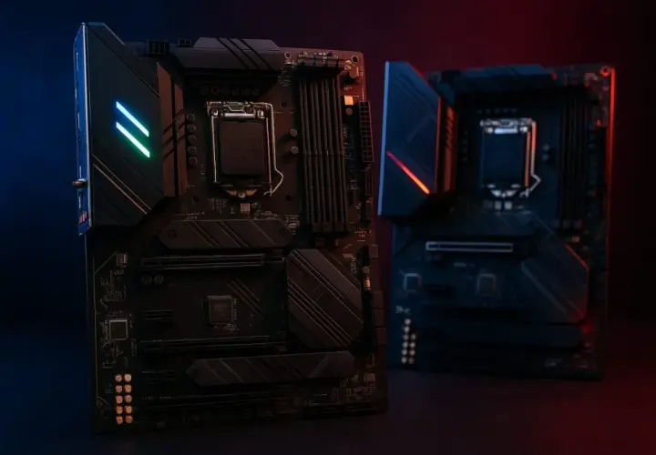 Deux cartes mères noires, l'une éclairée par des LED bleues et vertes, l'autre par des LED rouges, sur fond sombre.