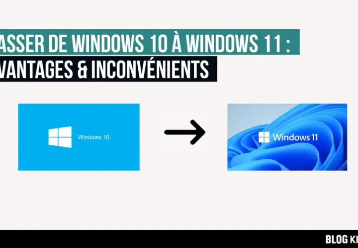 Passer de Windows 10 à Windows 11 : avantages et inconvénients. L'image montre le logo de Windows 10 à gauche et celui de Windows 11 à droite, séparés par une flèche.