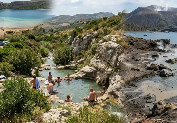 Bagno termale naturale tra rocce e vegetazione rigogliosa, con vista su un lago turchese e un vulcano fumante. Un angolo di paradiso nei giardini Sicilia.