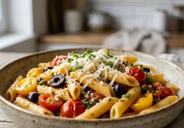 Un plat de pâtes à la sicilienne, garni de tomates cerises, d'olives noires, de câpres et de fromage râpé, prêt à être dégusté.
