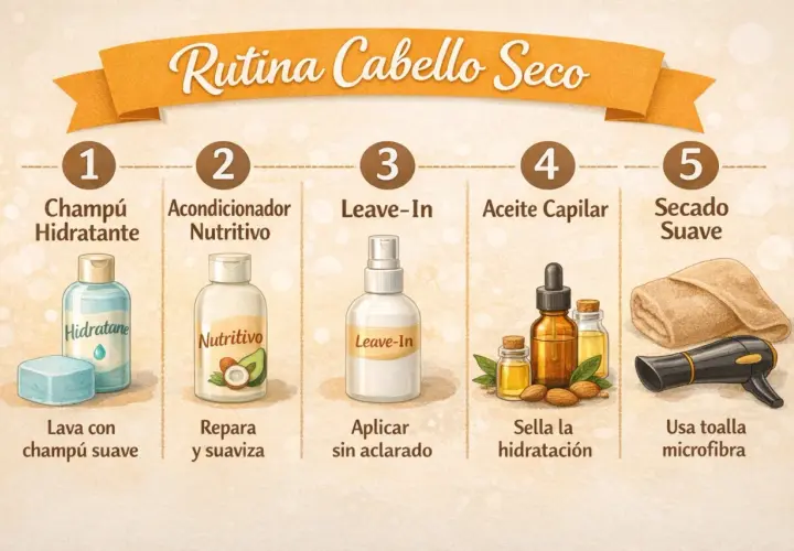 Rutina para cabello seco: champú hidratante, acondicionador nutritivo, leave-in, aceite capilar y secado suave. Un cuidado completo para tu melena.