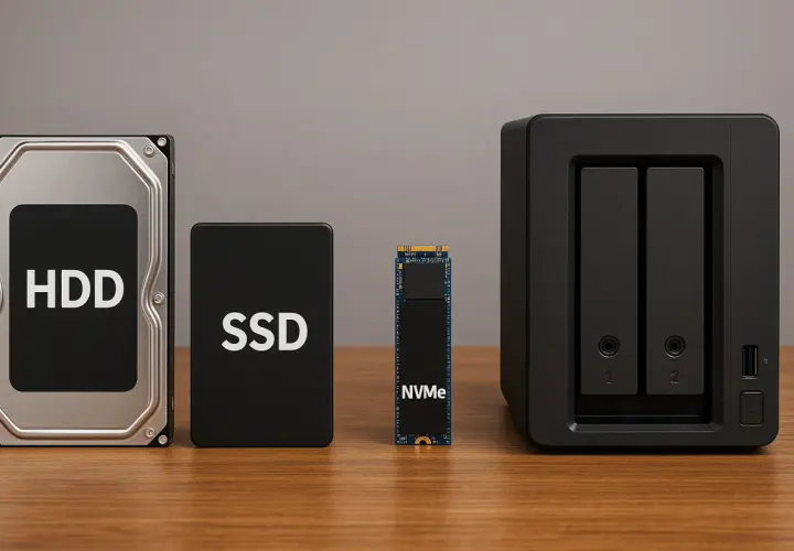 Vergleich verschiedener Speicher: HDD, SSD, NVMe und ein NAS-Gehäuse. Welche festplatte ist die richtige Wahl?