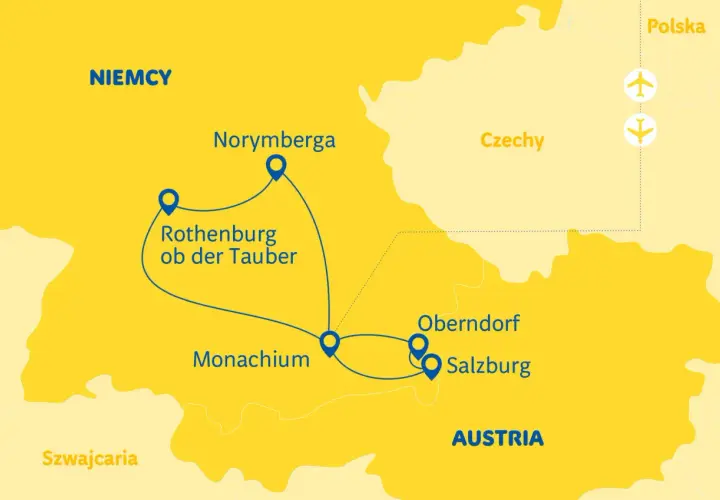 Mapa pokazuje trasę podróży przez Niemcy i Austrię, z zaznaczonymi miastami: Norymberga, Rothenburg ob der Tauber, Monachium, Oberndorf i Salzburg.