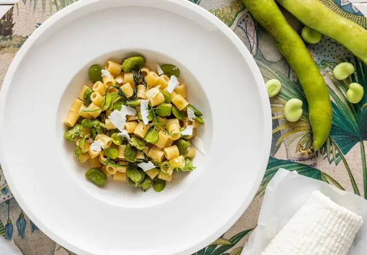 Piatto di pasta con fave fresche, un assaggio della ricetta pasta con le fave fresche alla siciliana, guarnita con ricotta salata e erbe aromatiche.