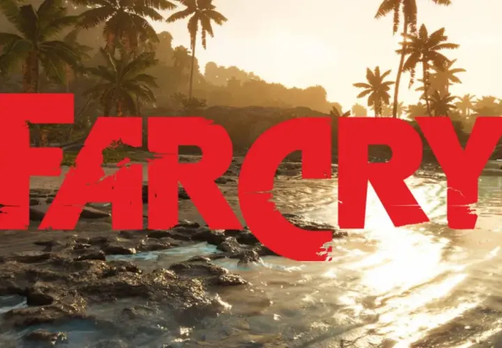 Tropikalna plaża z palmami i wodą, na pierwszym planie czerwony napis "FAR CRY". Czekamy na Far Cry 7!