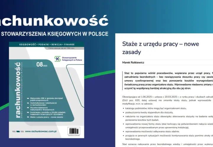 Okładka pisma "Rachunkowość" z numerem 08/2025 i artykułem o stażach z urzędu pracy.