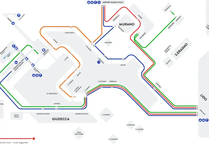 Carte des lignes de vaporetto Alilaguna à Venise. La linea blu Alilaguna dessert l'aéroport Marco Polo et Murano.