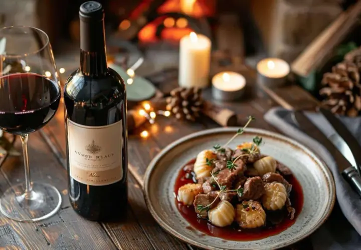 Un verre de vin rouge et une assiette de vin avec ris de veau, décorés de bougies et d'une cheminée en arrière-plan.