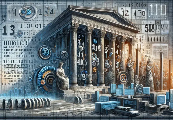 Starożytna architektura z cyframi i kodem binarnym. Obraz pokazuje, co to jest system binarny i dlaczego jest tak ważny dla technologii.